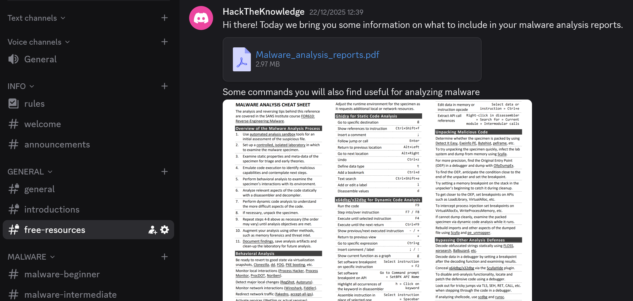 HTK Discord community preview showing free resources channel with malware analysis cheat sheet